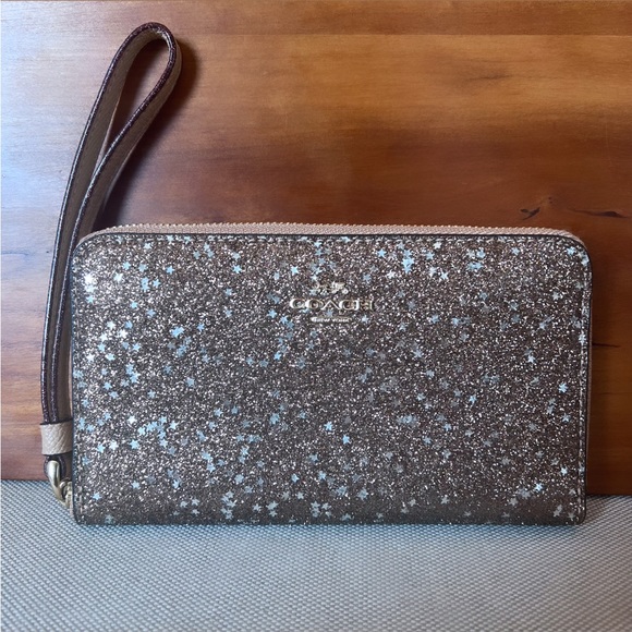 Coach Handbags - NWOT COACH Gold Glitter Star Print & Leather Phone Wallet / Wristlet